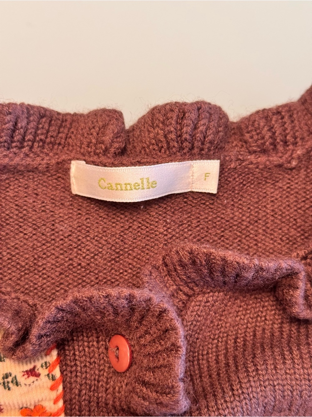 Cannelle Vintage Style Patchwork Wool Blend Sweater Brown Floral Patch M - Picture 2 of 10